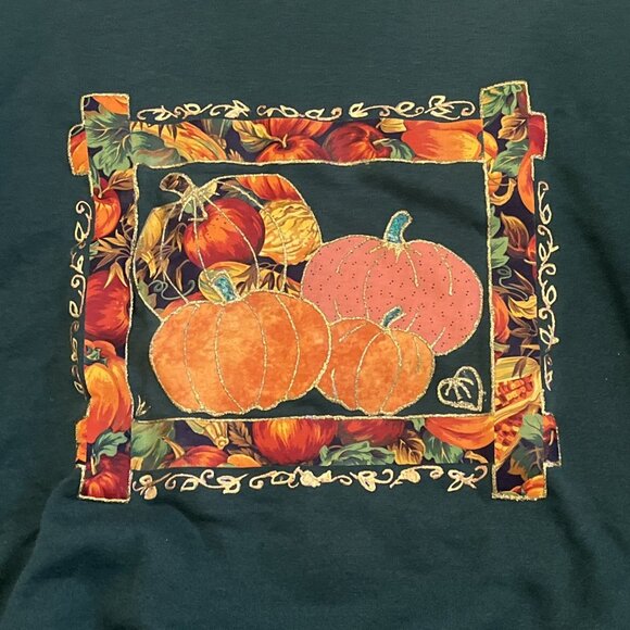 Vintage Jerzees Pumpkin Fall Sweatshirt SZ XL Green Leaves Border Glitter USA - Picture 3 of 11